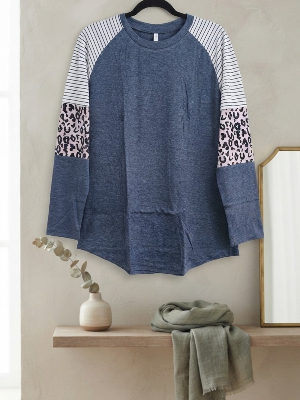 Navy Raglan Sleeve Top with Stripes and Pink Leopard Panels